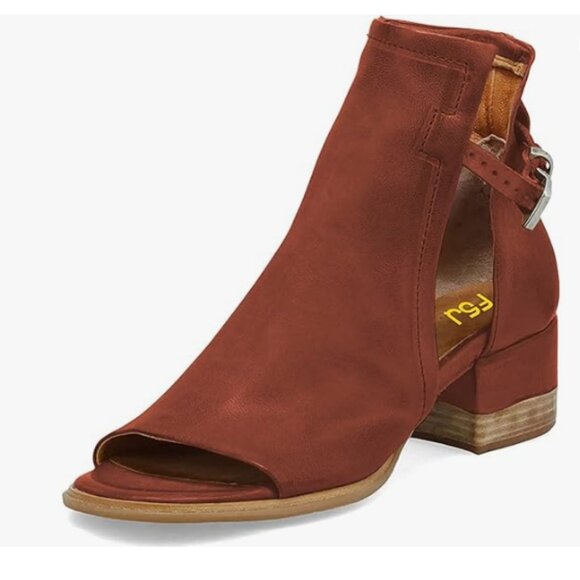 FSJ | Shoes | Fsj Saddle Brown Peep Open Toe Cut Out Buckle  FSJ Saddle Brown Peep Open Toe Cut Out Buckle Block Low Heeled Ankle Bootie